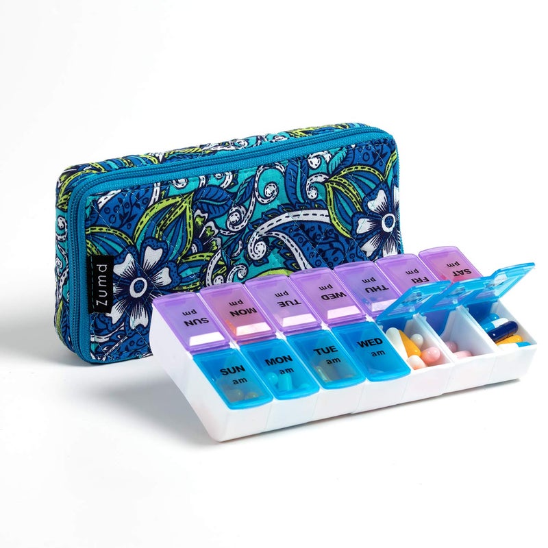ZUMD Weekly 7 Day Pill Organizer Case 2 Times a Day AMPM Large Portable Pill Box 7 Day for Vitamin Medicine Pill Case with Quilted Fabric Zipper Cute Bag for Travel or Daily